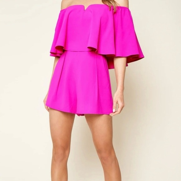 Sugarlips Pants - Sugarlips | Pink Ruffled Off-Shoulder Romper - Size S